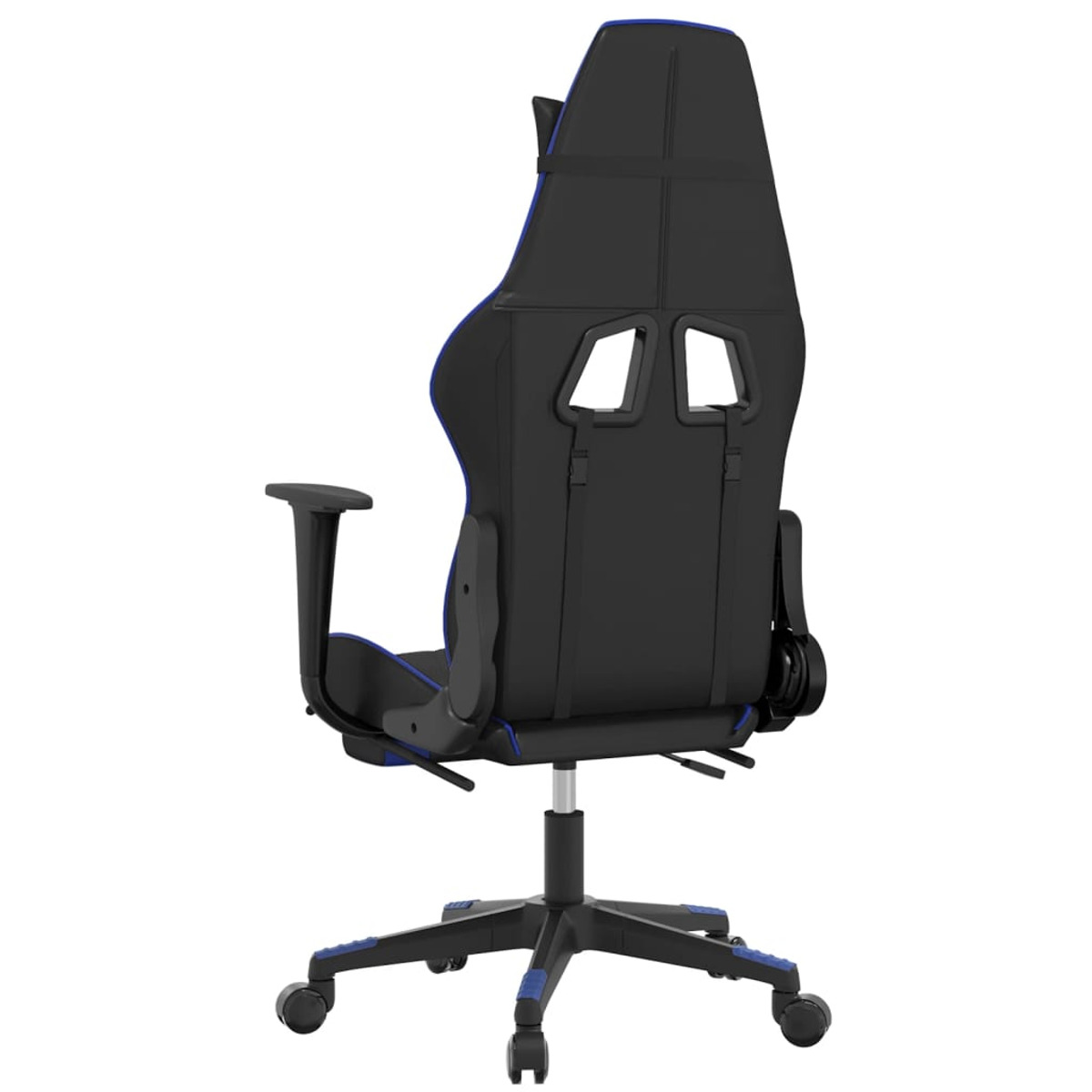 Gaming-Stuhl, schwarz mit blauen Akzenten. Er hat Räder und wird von hinten gesehen.