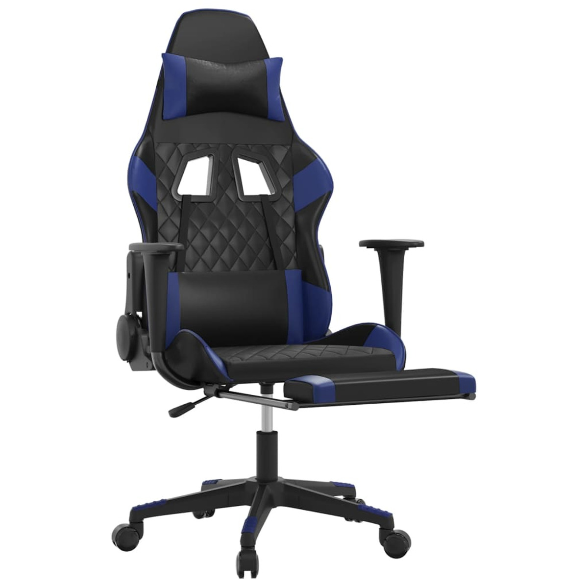 Schwarzer und blauer Gaming-Stuhl mit Fußstütze, hohem Rücken und Kopfstütze.