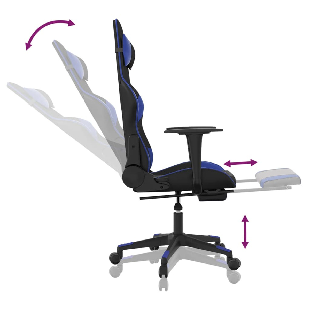 Gaming-Stuhl mit verstellbaren Funktionen: Rücken, Beinauflage, Höhe. Blaue Akzente.