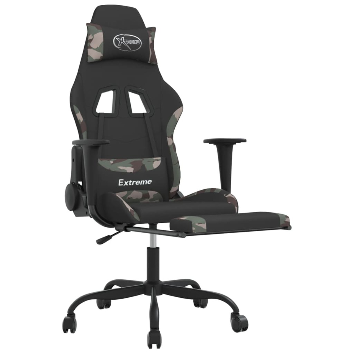 Gaming-Stuhl, schwarz, Tarnmuster auf Sitz und Kopfstütze. Fußstütze vorhanden. Rollen an der Basis.