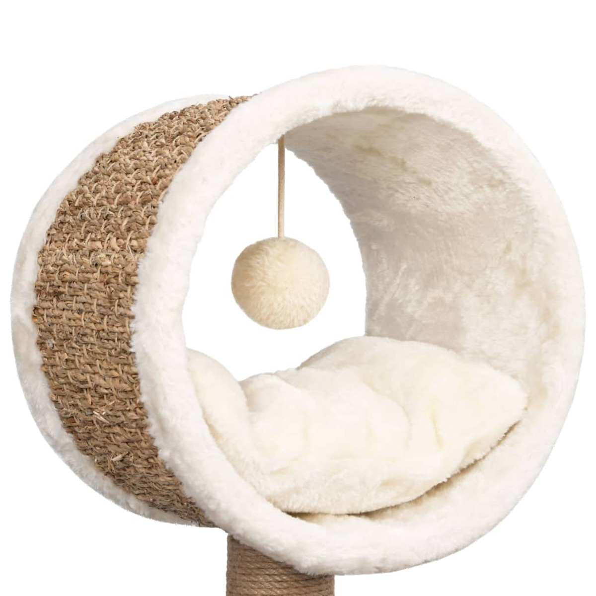 Katzenbaum mit rundem, weißem Bett, sisalummanteltem Pfosten und einer hängenden Kugel.