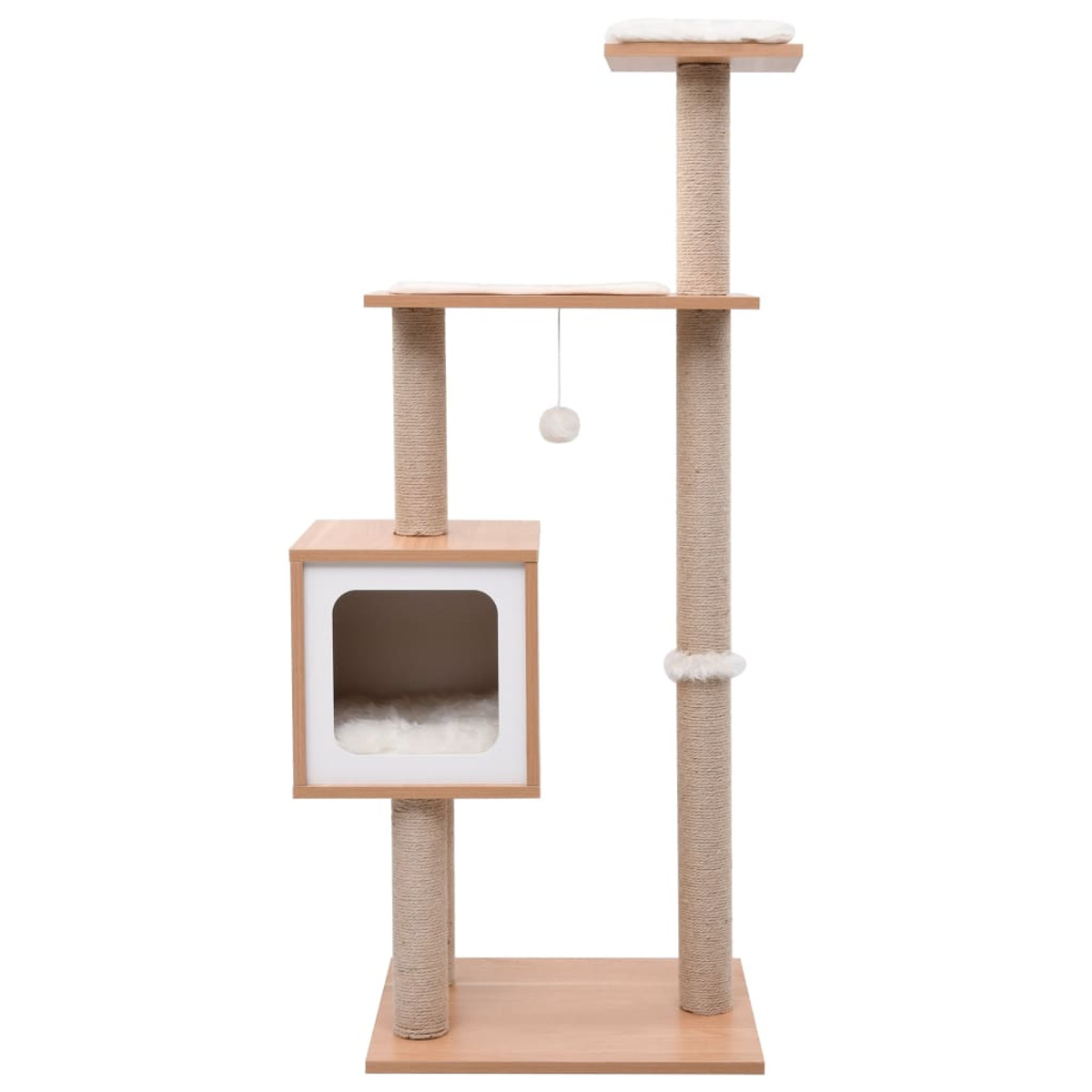 Katzenbaum mit mehreren Ebenen, Kratzbäumen, einem Katzenhaus und einem Hängespielzeug.