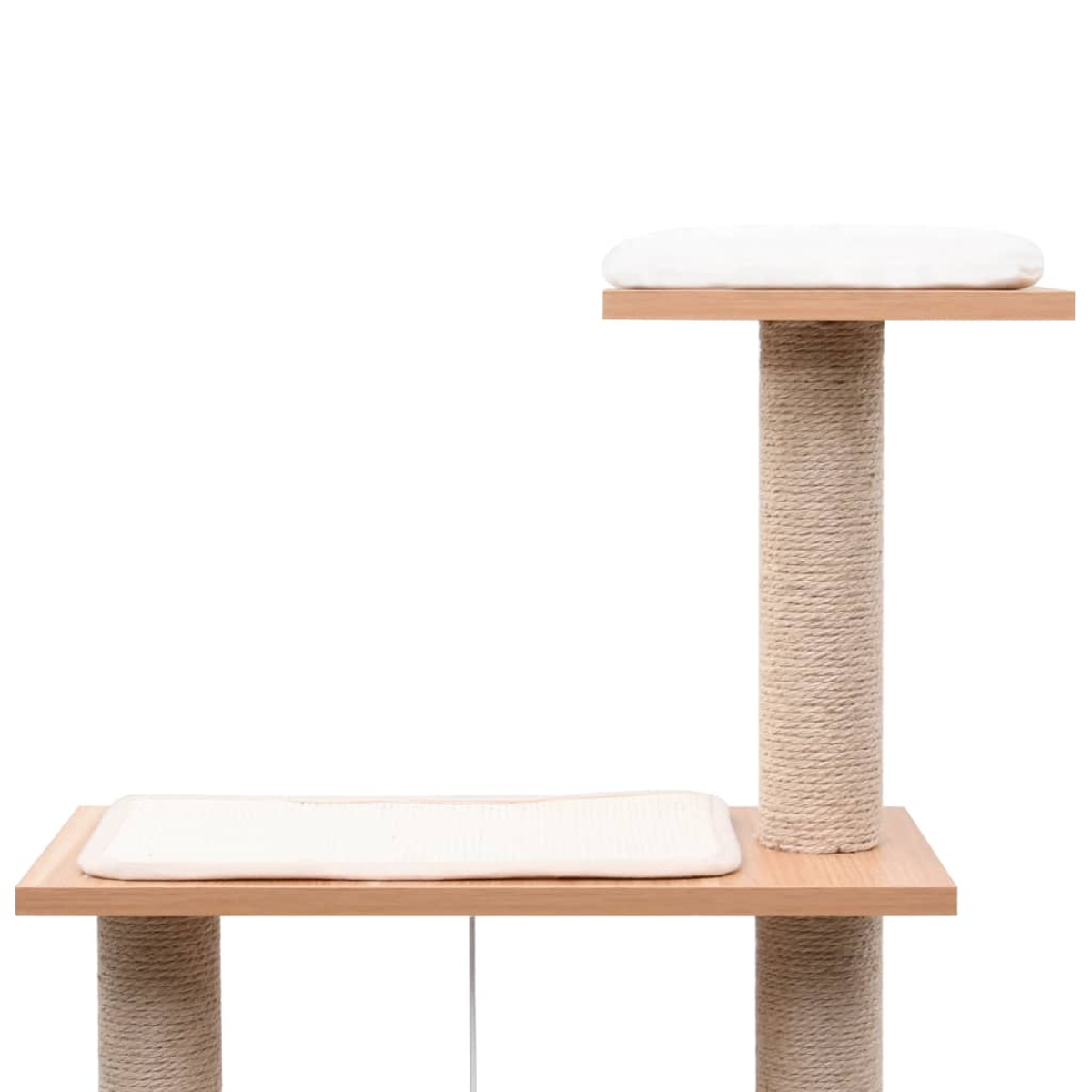 Katzenbaum mit zwei Plattformen und einem Kratzbaum. Weißer Hintergrund.
