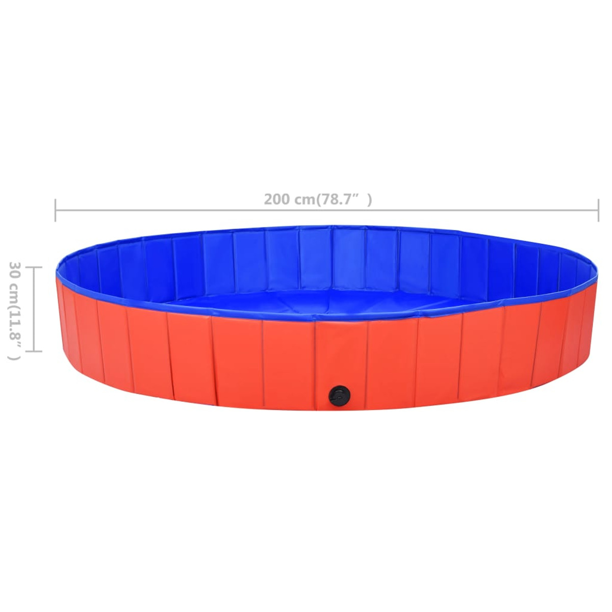 Ovaler blau-roter Pool. Der Pool hat rote Seiten und eine blaue Innenbasis. Abmessungen enthalten.