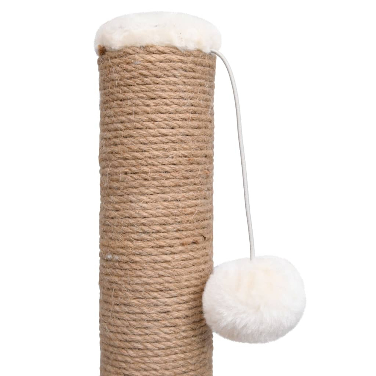 Ein Kratzbaum für Katzen. Es ist eine zylindrische Stange, die mit Seil umwickelt ist, mit einem flauschigen Ball.