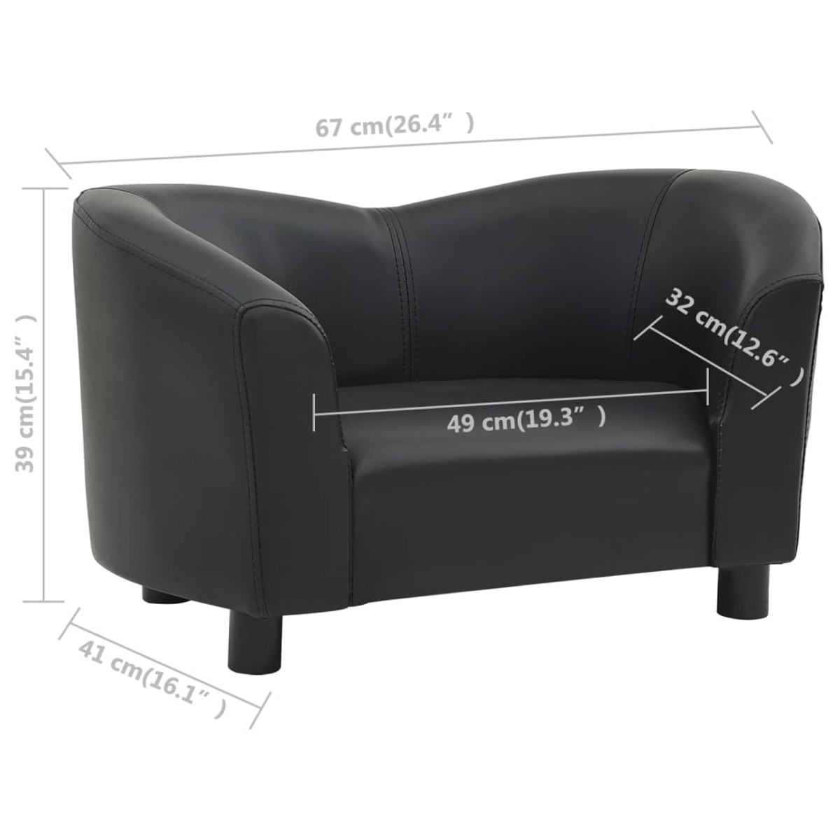 Schwarzes Ledersofa mit Abmessungen. Es hat eine geschwungene Rückenlehne.