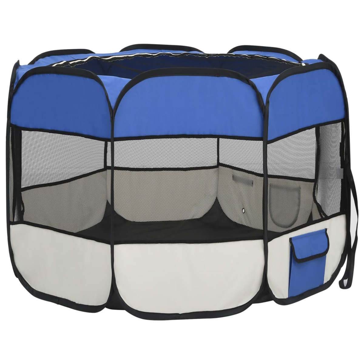 Blau, weiß und schwarzer Haustier-Laufstall. Netzwände und eine kleine Tasche sind sichtbar.