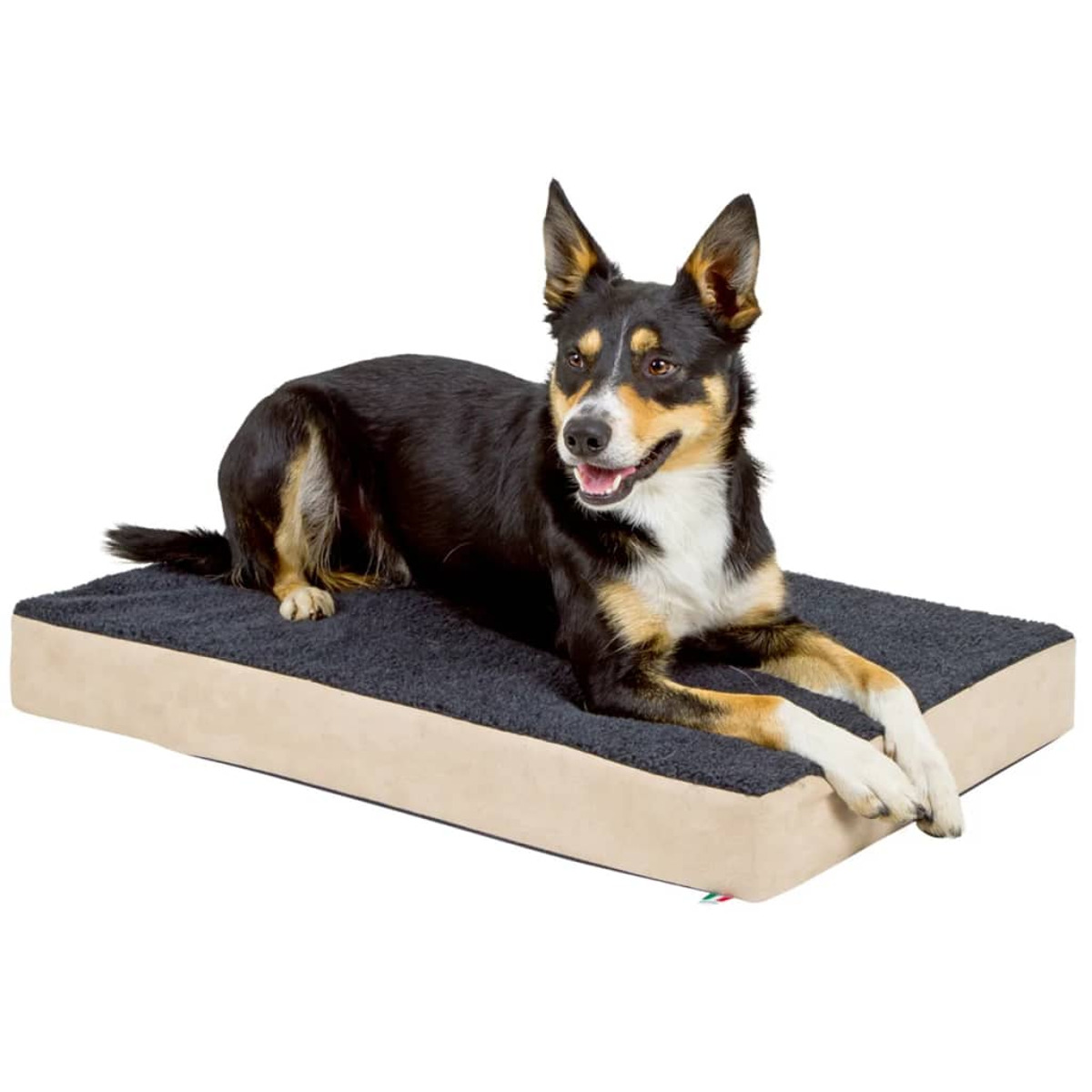 Schwarz-brauner Hund liegt auf einem beige-dunkelgrauen Bett.