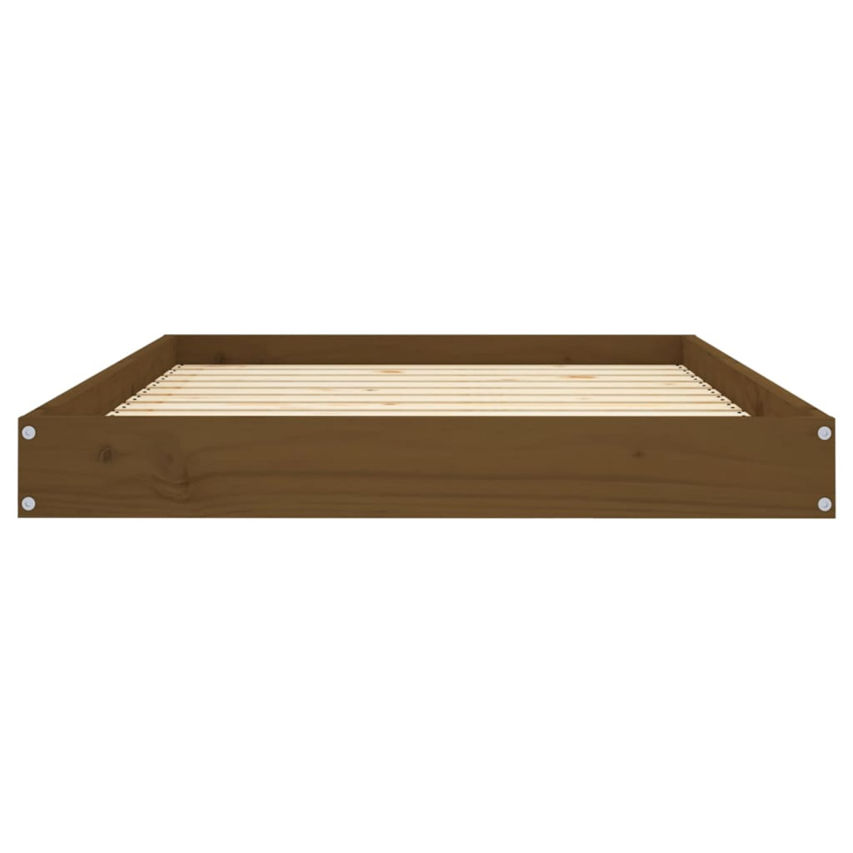Bettrahmen aus Holz. Braune Farbe. Einfaches Design. Latten sichtbar.