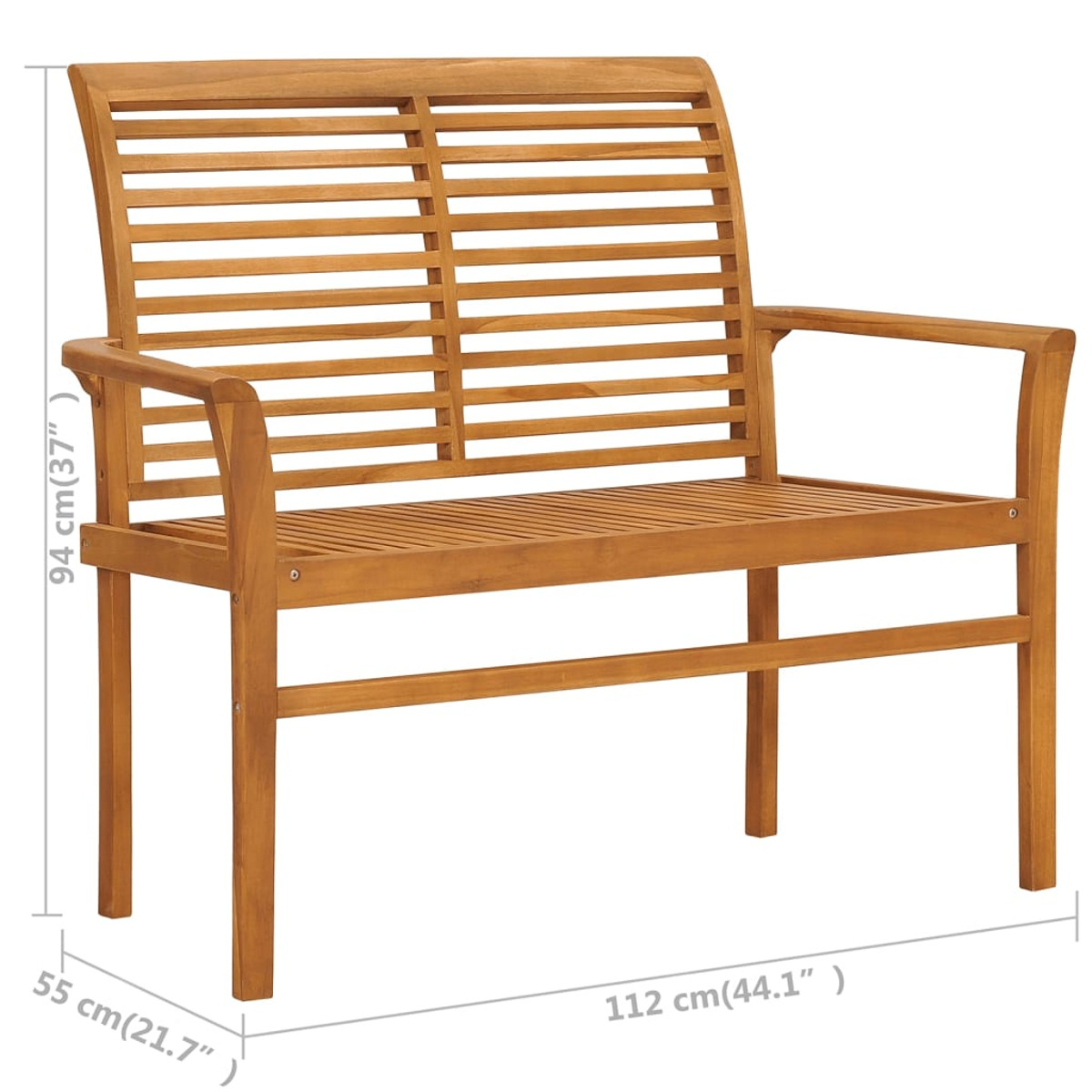 Holzbank mit Rückenlehne und Armlehnen. Sie ist braun, mit angegebenen Abmessungen. Latten-Design.