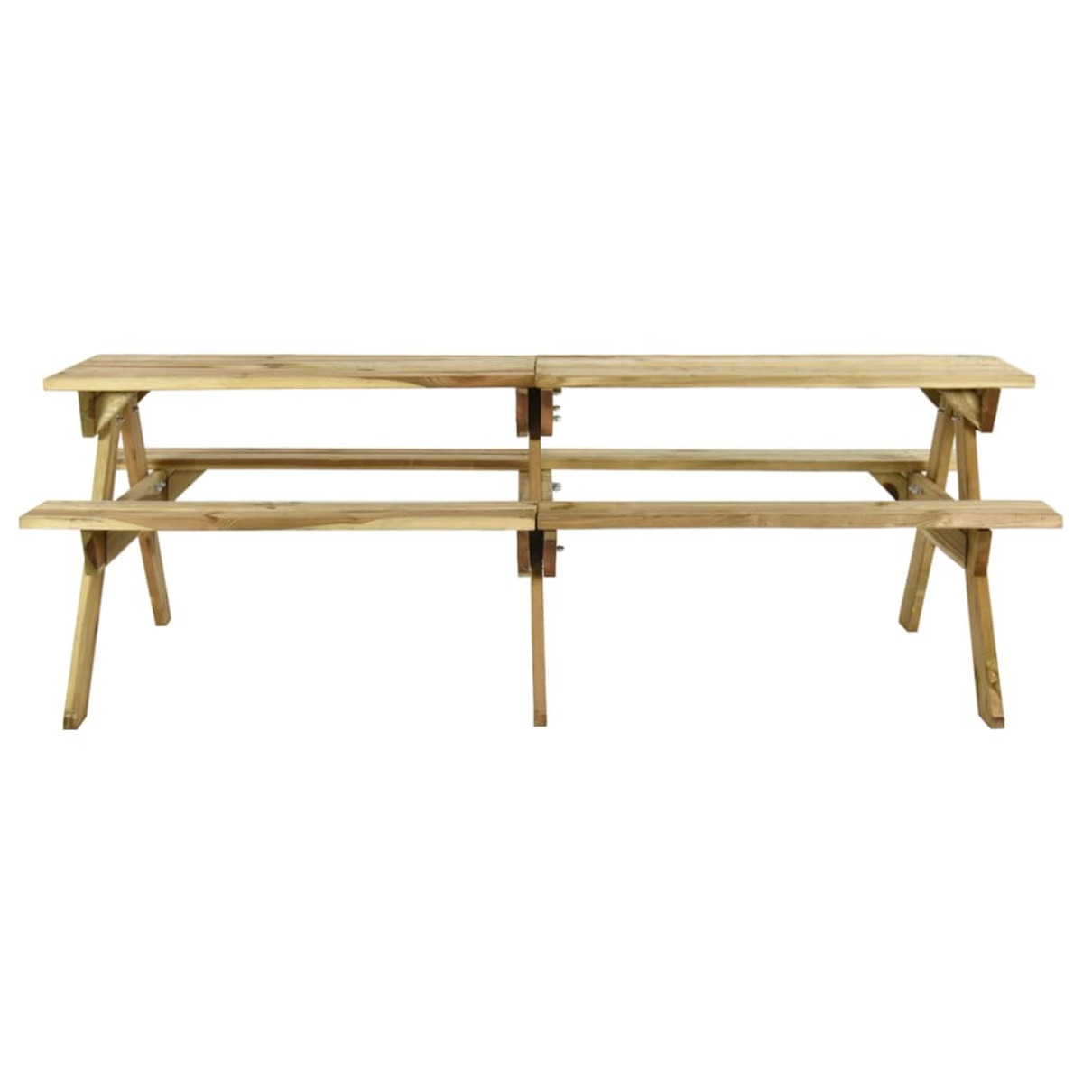Picknicktisch aus Holz mit angebrachten Bänken. Vier Beine stützen den Tisch. Weißer Hintergrund.