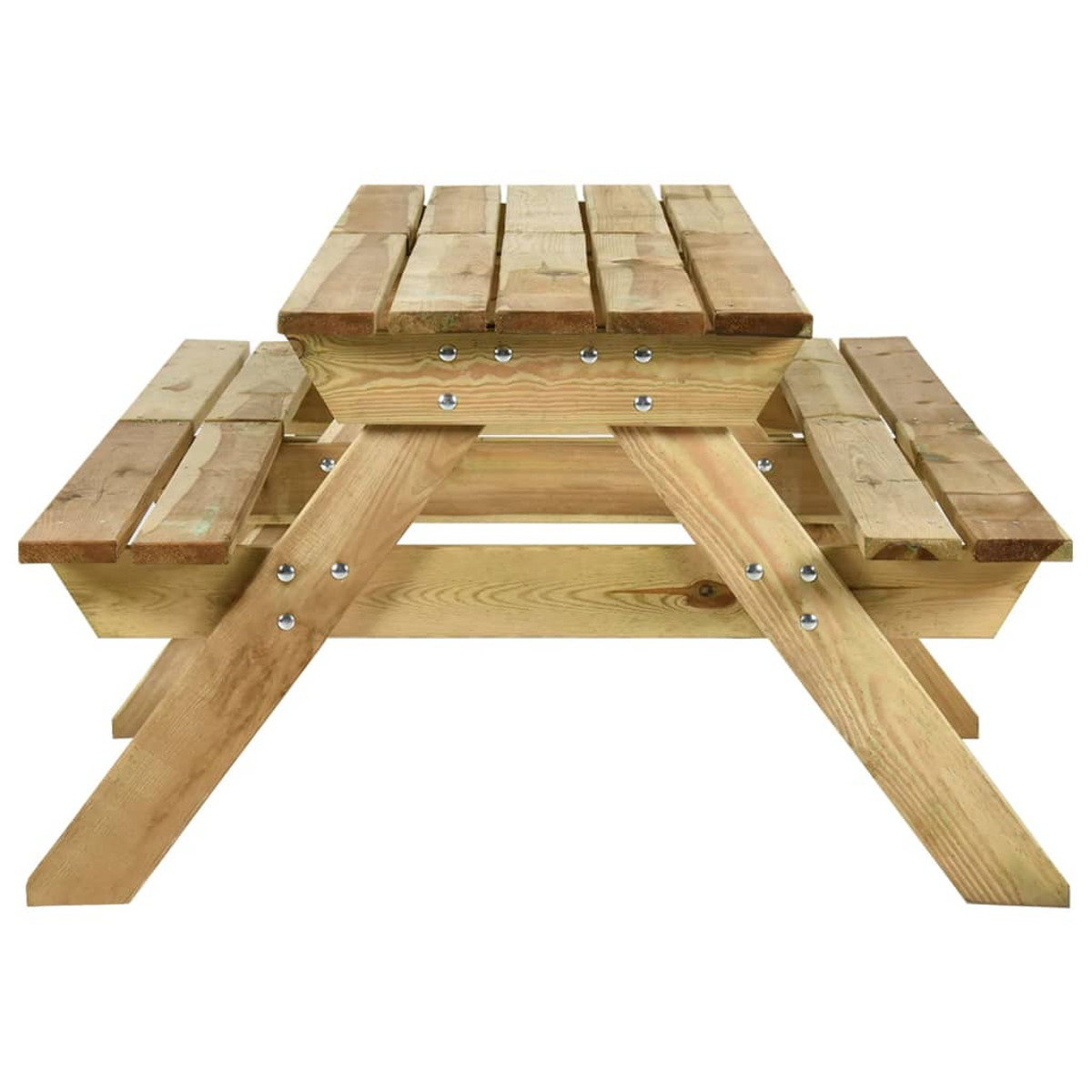 Ein Holztisch mit fest montierten Bänken, von der Seite betrachtet.