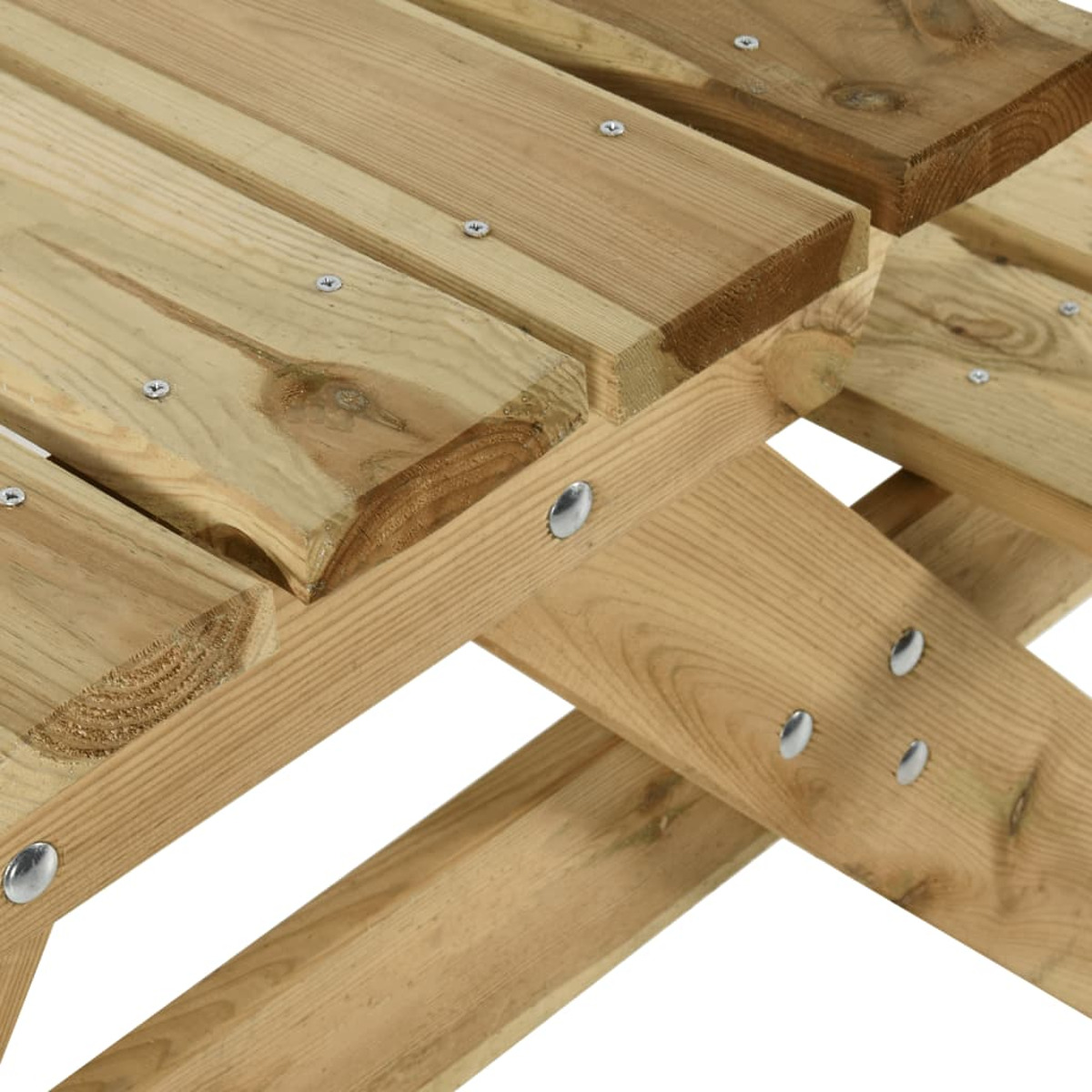 Picknicktisch aus Holz. Der Tisch hat eine hellbraune Farbe. Das Design hat ein paar Metallschrauben.