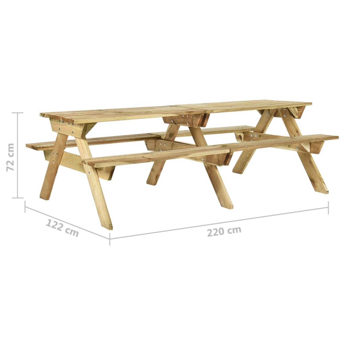 Holz-Picknicktisch mit Bänken. Hellbraunes Holz, schlichtes Design. Abmessungen: 220x122x72 cm.