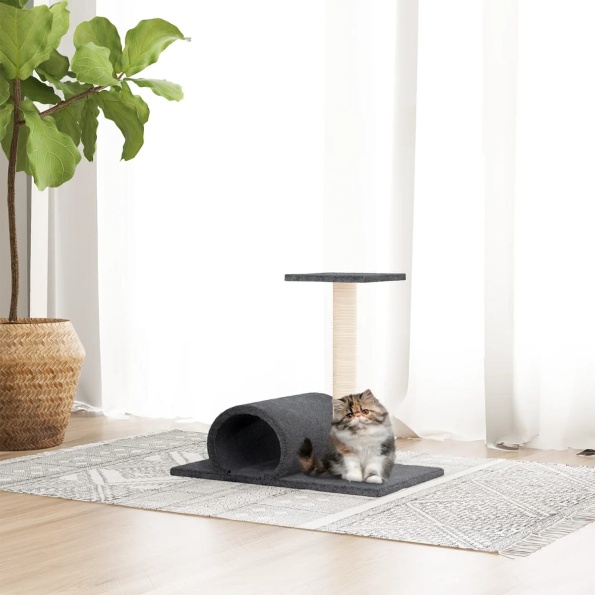 Eine Katze sitzt auf einem grauen Katzenbaum und schaut in die Kamera. Eine Pflanze und ein Teppich sind im Hintergrund.