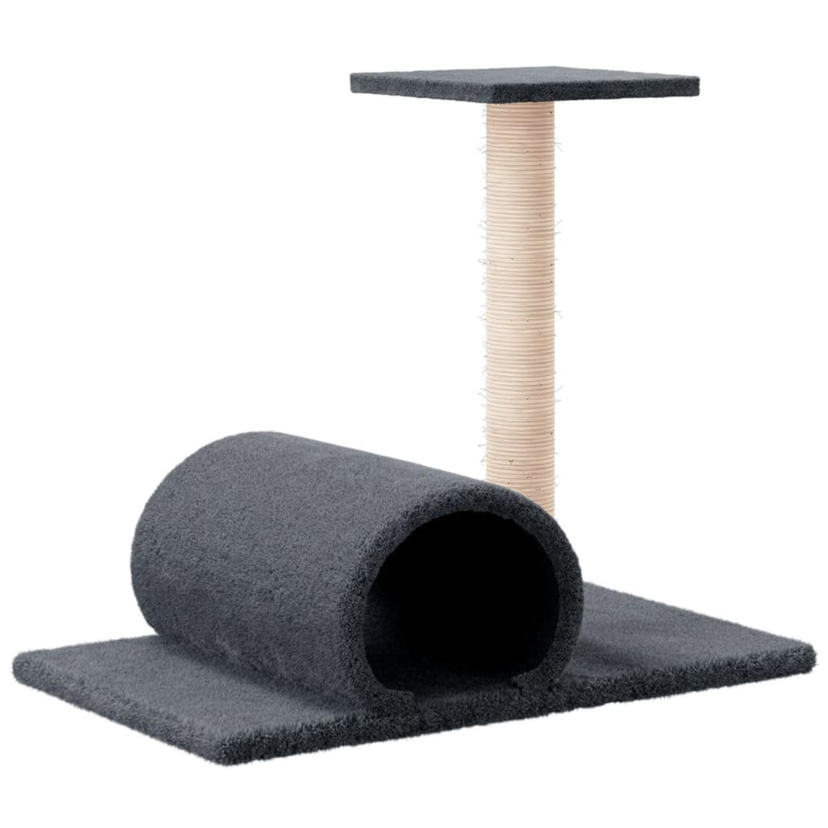 Ein grauer Katzenbaum mit Tunnel, Kratzbaum und Plattform. Isoliert auf Weiß.