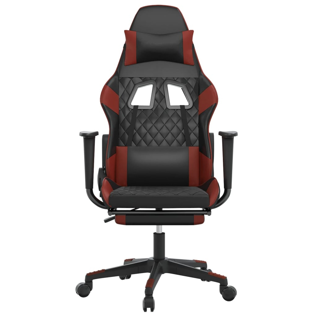 Gaming-Stuhl, Vorderansicht. Schwarz und rot. Rautensteppung an Rückenlehne und Kopfstütze.