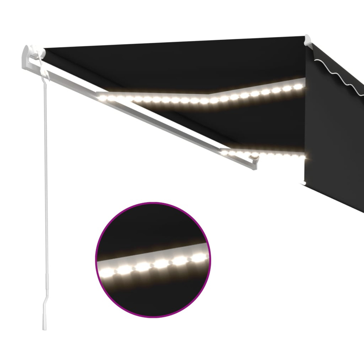 Schwarze Markise mit LED-Leuchten. Weißer Rahmen und Kurbel links.
