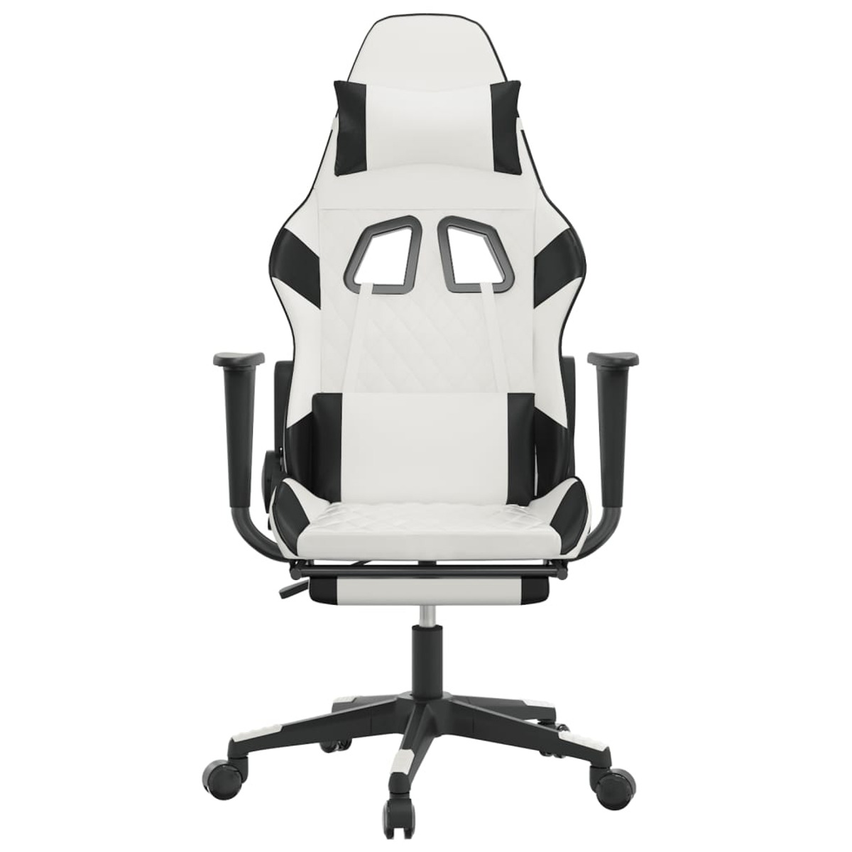 Weiß-schwarzer Gaming-Stuhl mit Kopfstütze und Armlehnen. Schwarzes Gestell mit Rollen.