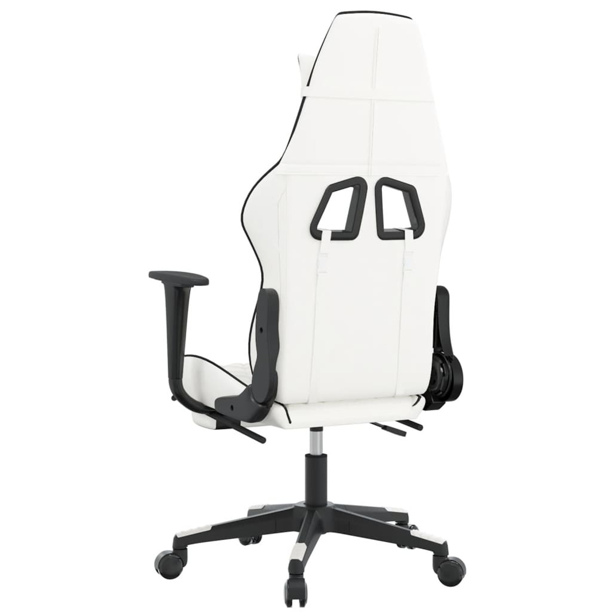 Ein weißer Gaming-Stuhl mit schwarzen Akzenten. Er hat eine hohe Rückenlehne und Armlehnen.