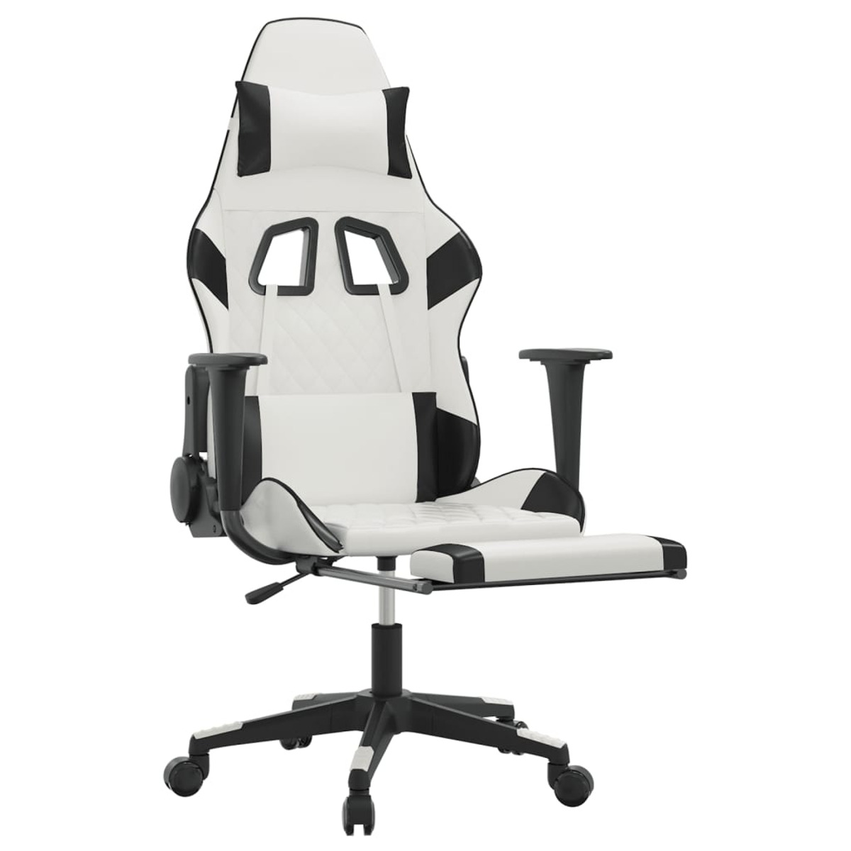 Weiß-schwarzer Gaming-Stuhl mit Fußstütze. Er hat Räder und Armlehnen.