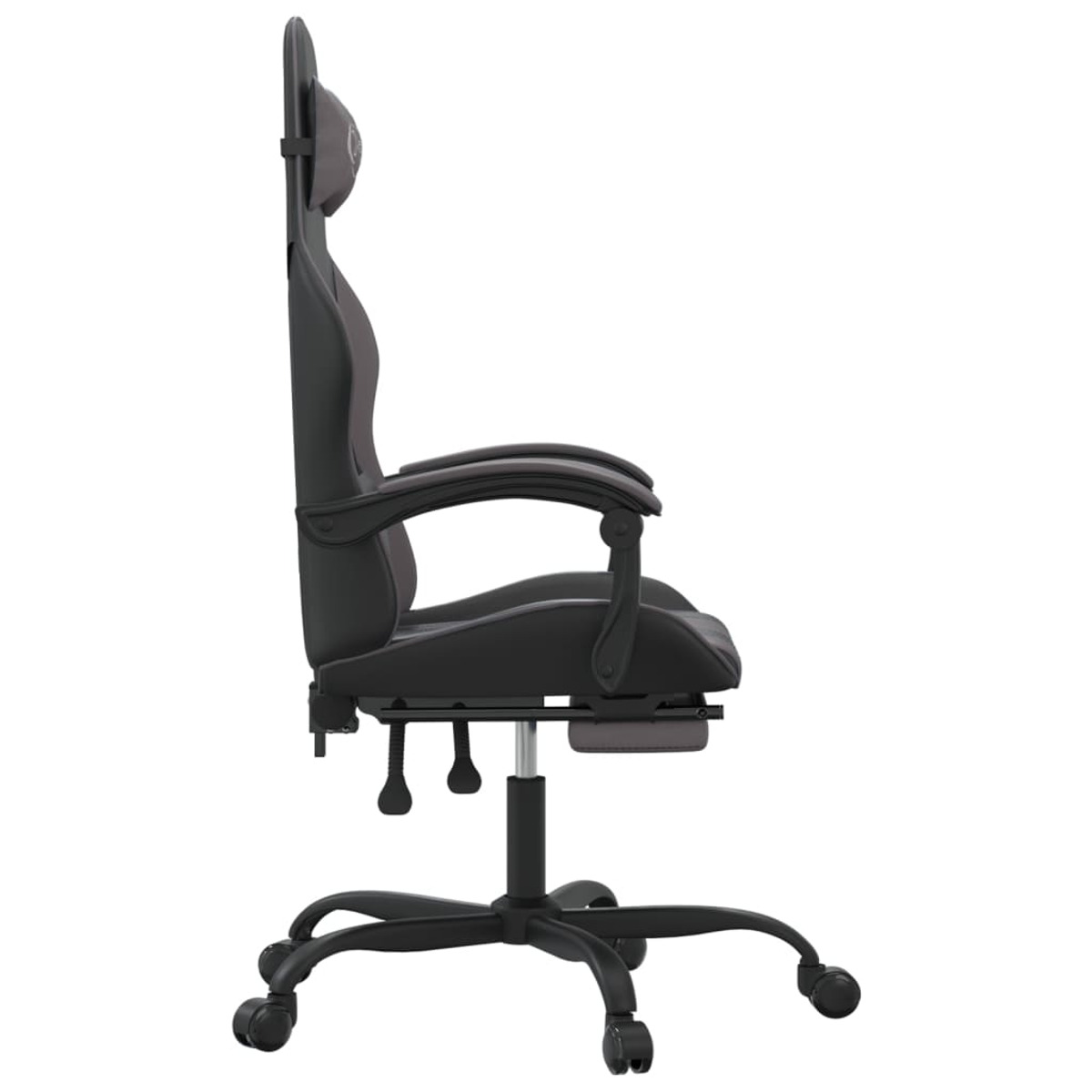 Seitenansicht eines schwarz-grauen Gaming-Stuhls auf weißem Hintergrund.