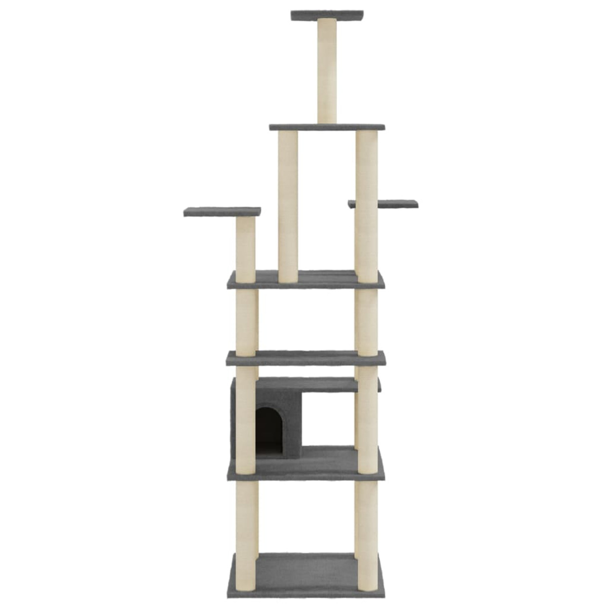 Kratzbaum mit mehreren Plattformen und Kratzpfosten. Beige und graues Farbschema. Ein Katzenhaus ist eingebaut.