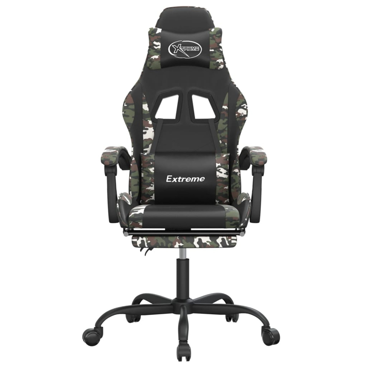 Gaming-Stuhl: schwarz, mit Camouflage-Muster auf Rücken und Sitz.