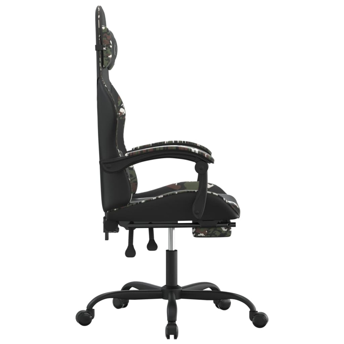 Ein Gaming-Stuhl im Tarnmuster. Der Stuhl wird von der Seite vor weißem Hintergrund betrachtet.