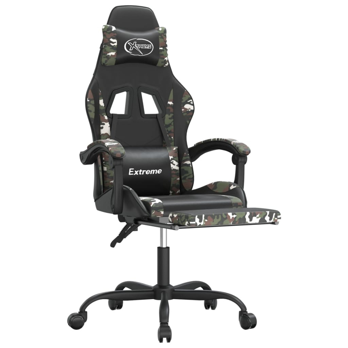 Schwarzer und Camouflage-Gaming-Stuhl mit Kopfstütze und Fußstütze auf schwarzem Fuß mit Rollen.