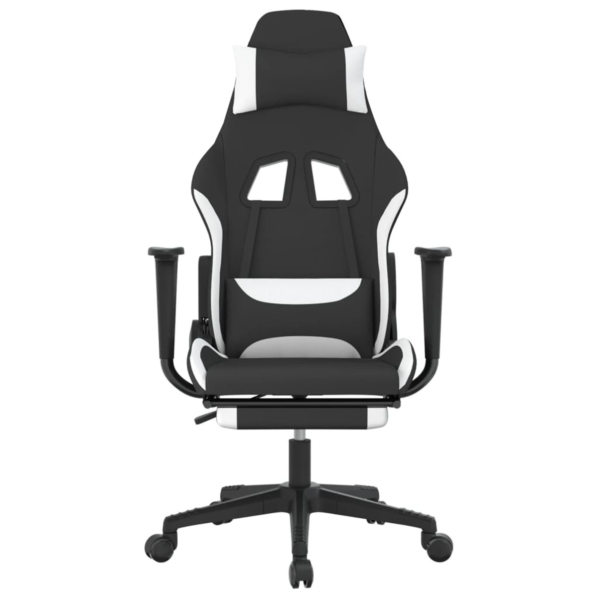 Schwarz-weißer Gaming-Stuhl. Er hat eine Kopfstütze und Armlehnen. Der Stuhl steht auf Rollen.