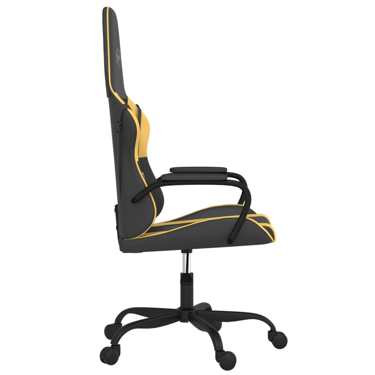 Gaming-Stuhl, schwarz und gelb, Seitenansicht. Hoher Rücken, Armlehnen, Räder.