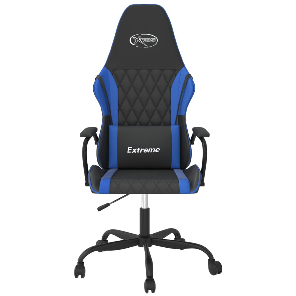 Gaming-Stuhl: schwarz und blau, mit Rollen. Verfügt über eine Kopfstütze, Lendenwirbelstütze und Armlehnen.