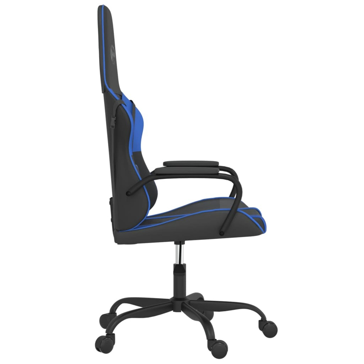 Schwarz-blauer Gaming-Stuhl, Seitenansicht.