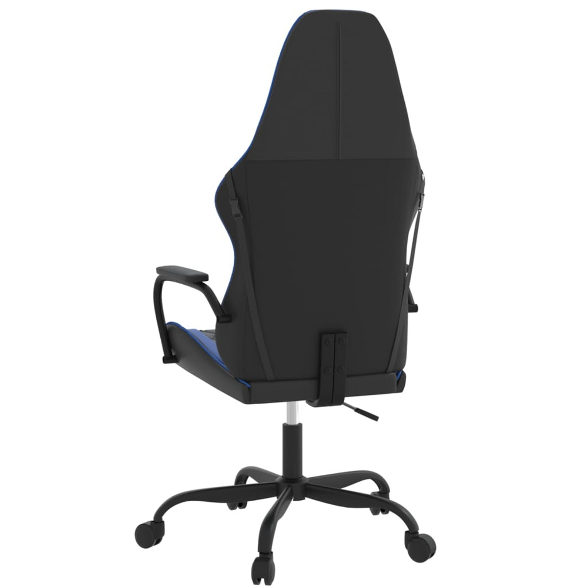 Gaming-Stuhl, schwarz mit blauen Akzenten, Rückansicht. Räder und Gestell sind schwarz. Hohe Rückenlehne.