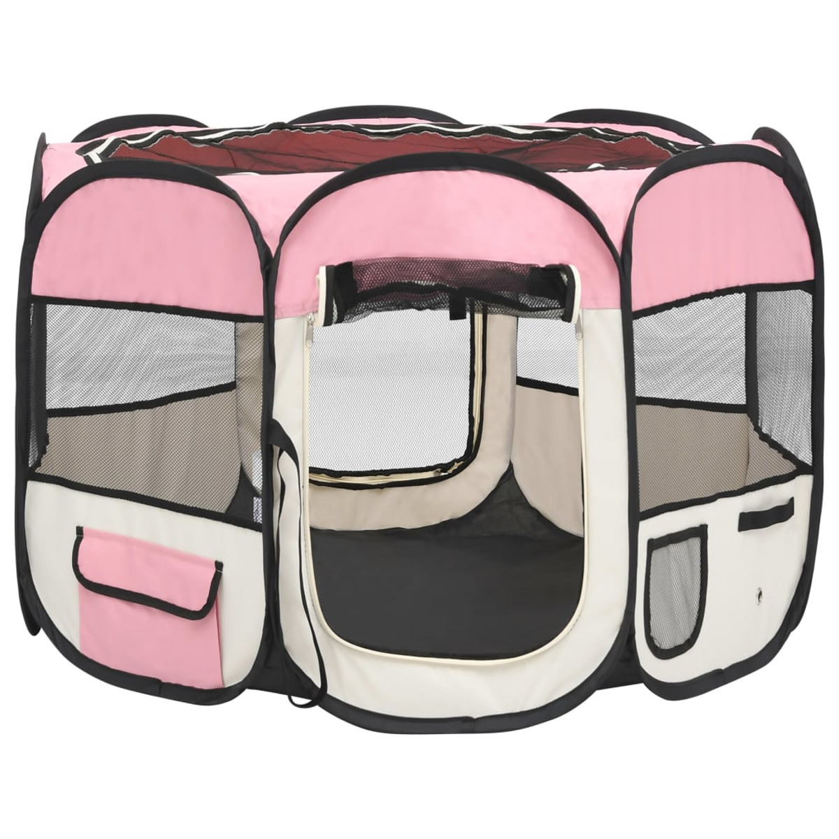 Ein rosa-weißes Haustier-Laufgitter mit Netzfenstern, schwarzem Rand und Reißverschlussöffnung.