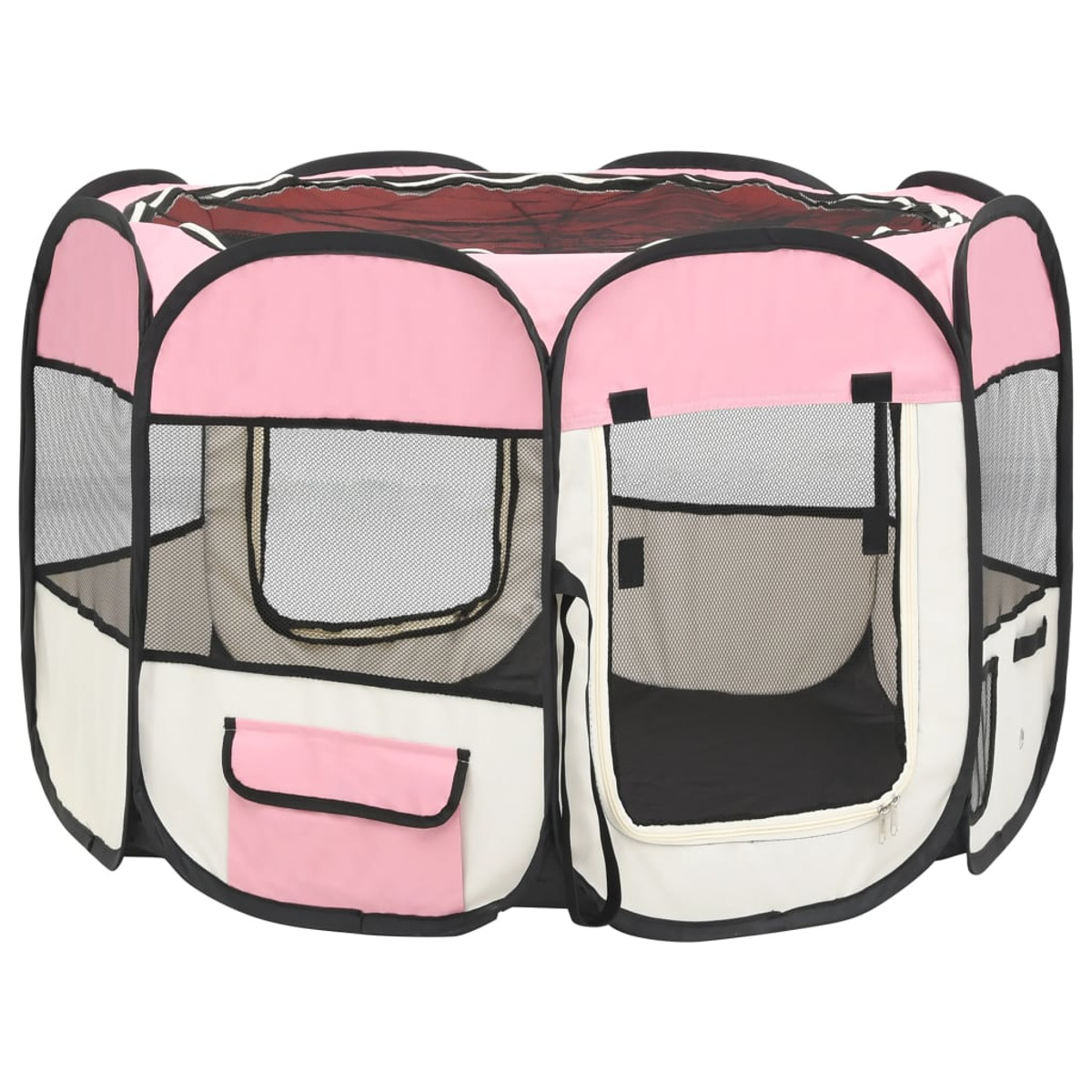 Ein rosa-weißer Haustier-Laufstall. Es ist ein geschlossener Raum mit Netzfenstern und einer Tür.