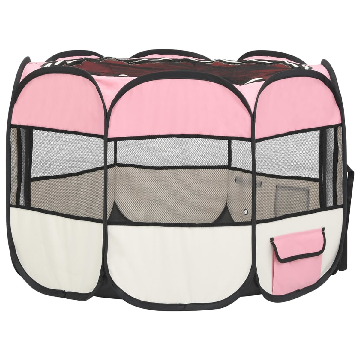 Ein rosa-weißes Haustier-Laufgitter. Es ist ein runder, tragbarer Gehege mit Netzseiten und einer kleinen Tasche.