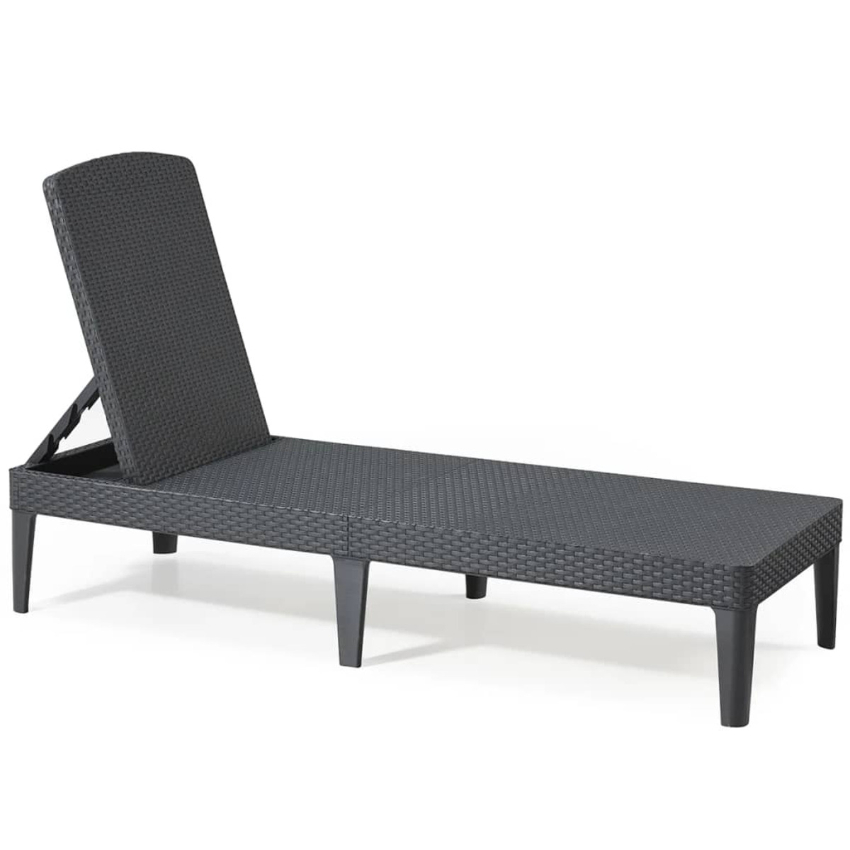 Una chaise longue da esterno in stile rattan nero su sfondo bianco.