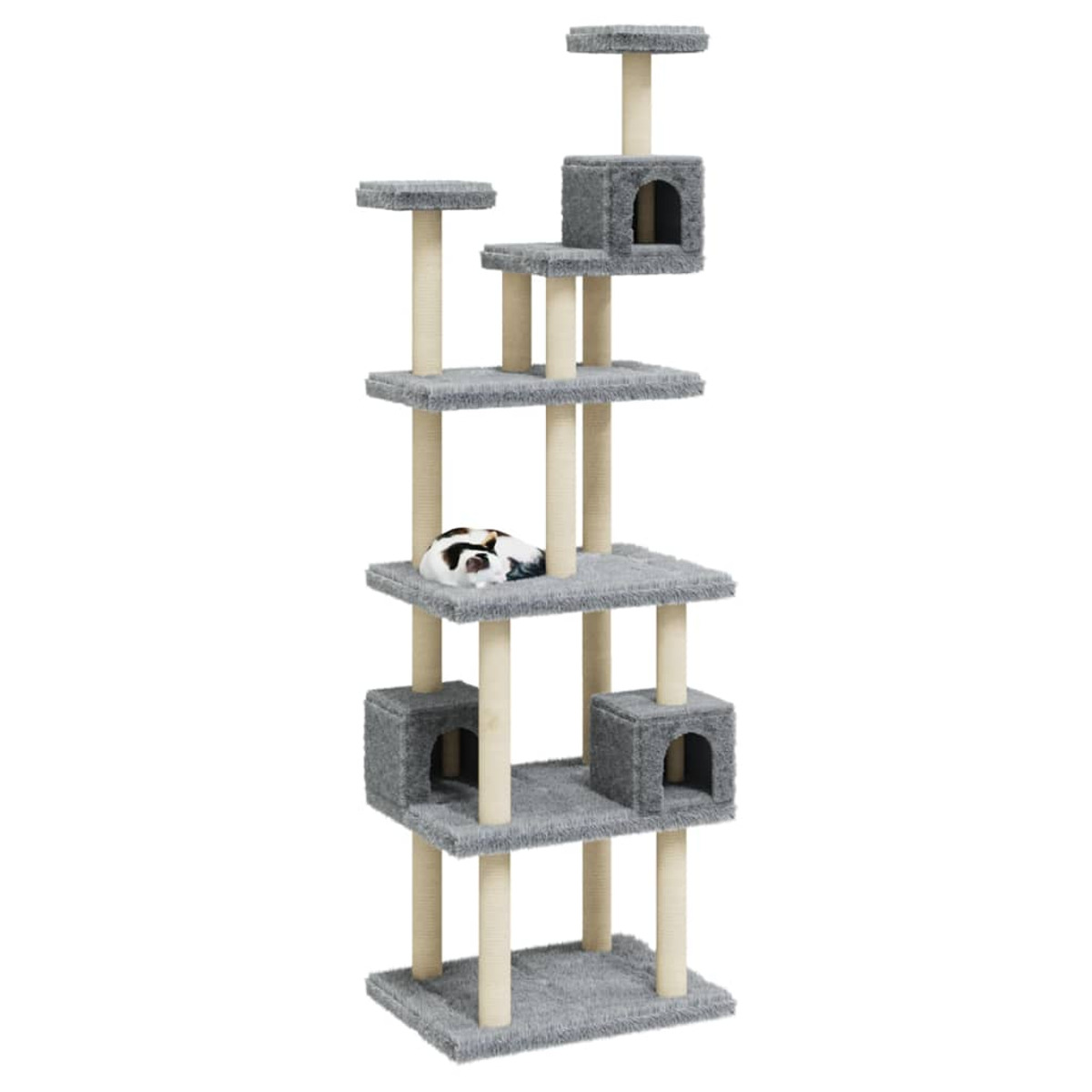Ein hoher Katzenbaum mit mehreren Ebenen, grauem Teppich und einer schlafenden Katze.
