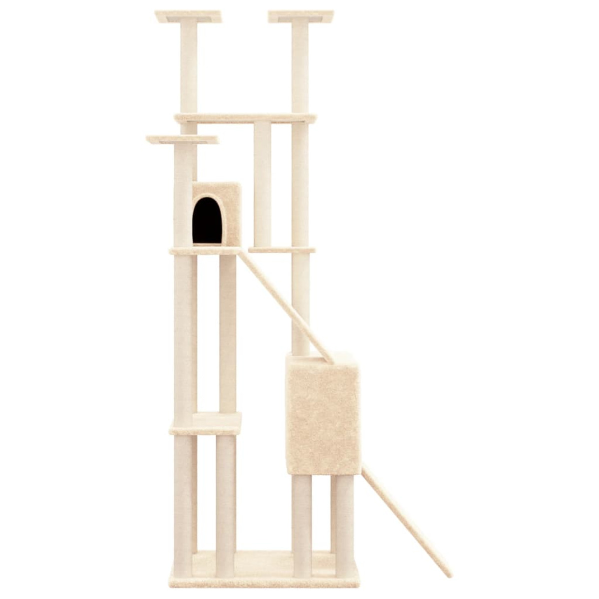 Ein hoher Katzenbaum mit mehreren Ebenen, einem Haus, Kratzpfosten, einer Rampe und einer beige Farbe.
