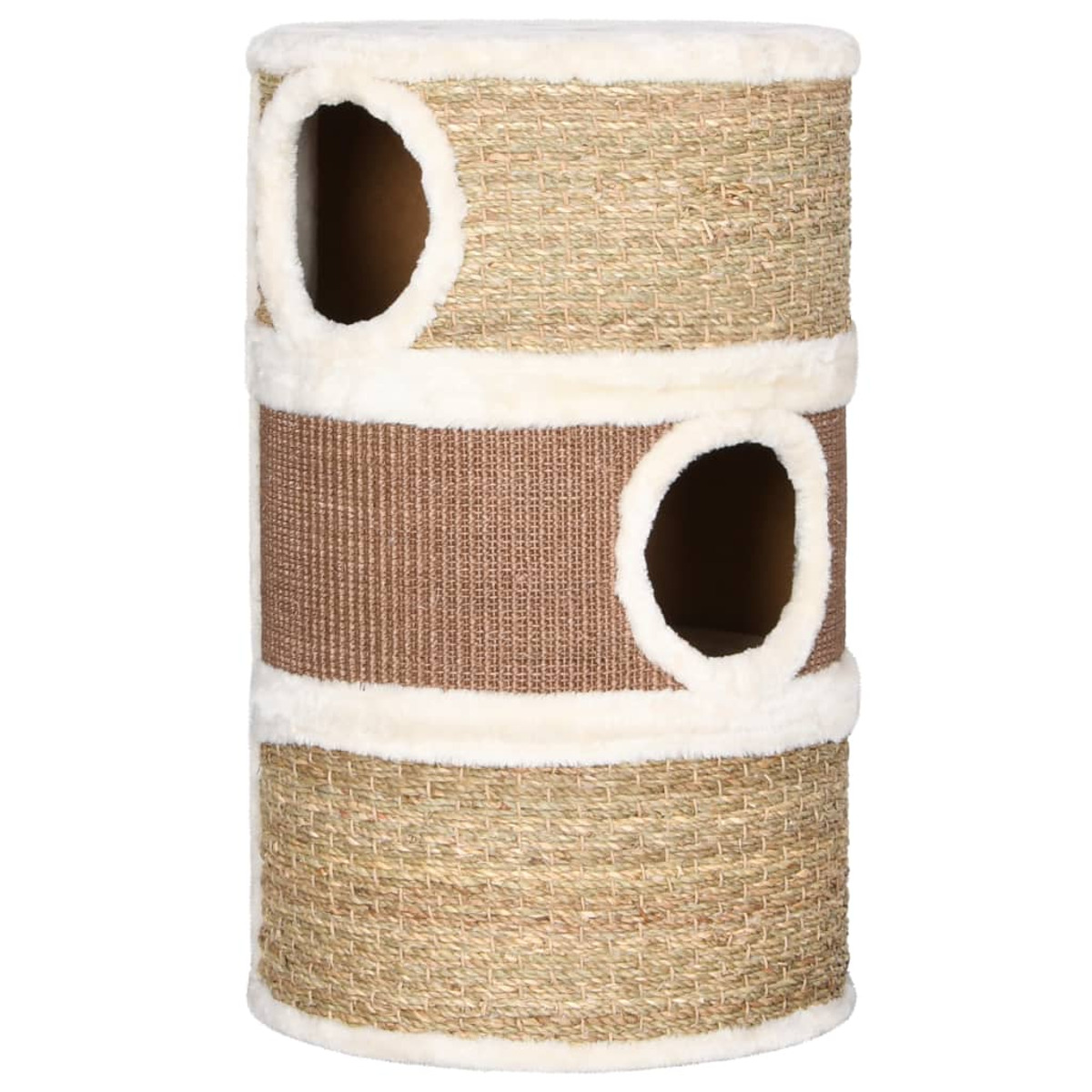 Katzenturm mit drei Ebenen, gewebtem Sisal und Kunstfellbesatz, mit zwei Öffnungen.