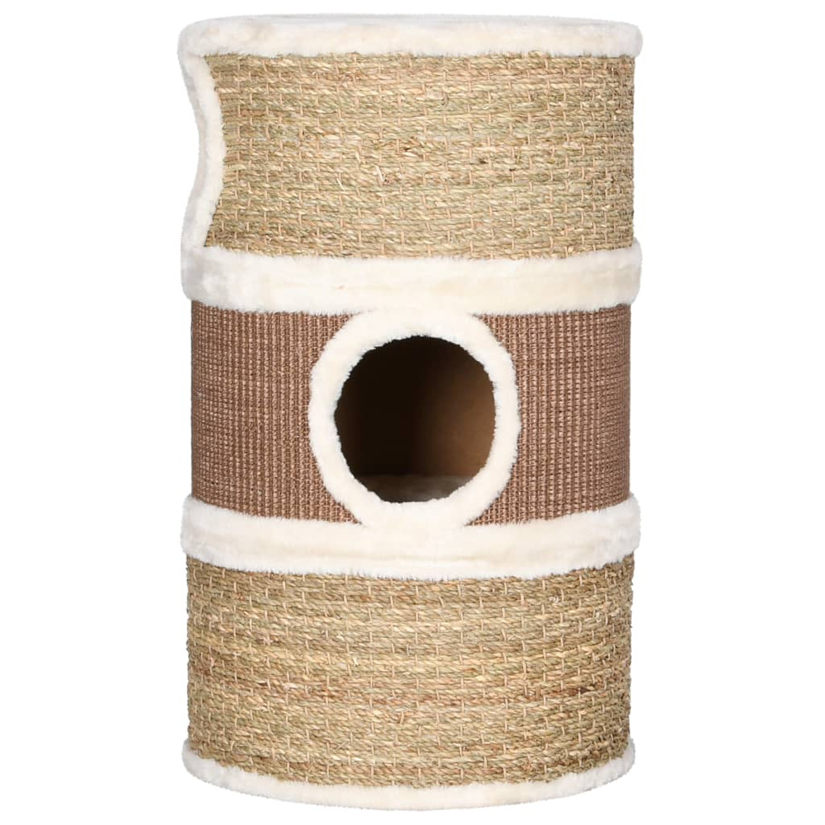 Ein Katzenturm mit mehreren Ebenen und einem Tunnel. Beige- und Brauntöne. Weißer Hintergrund.