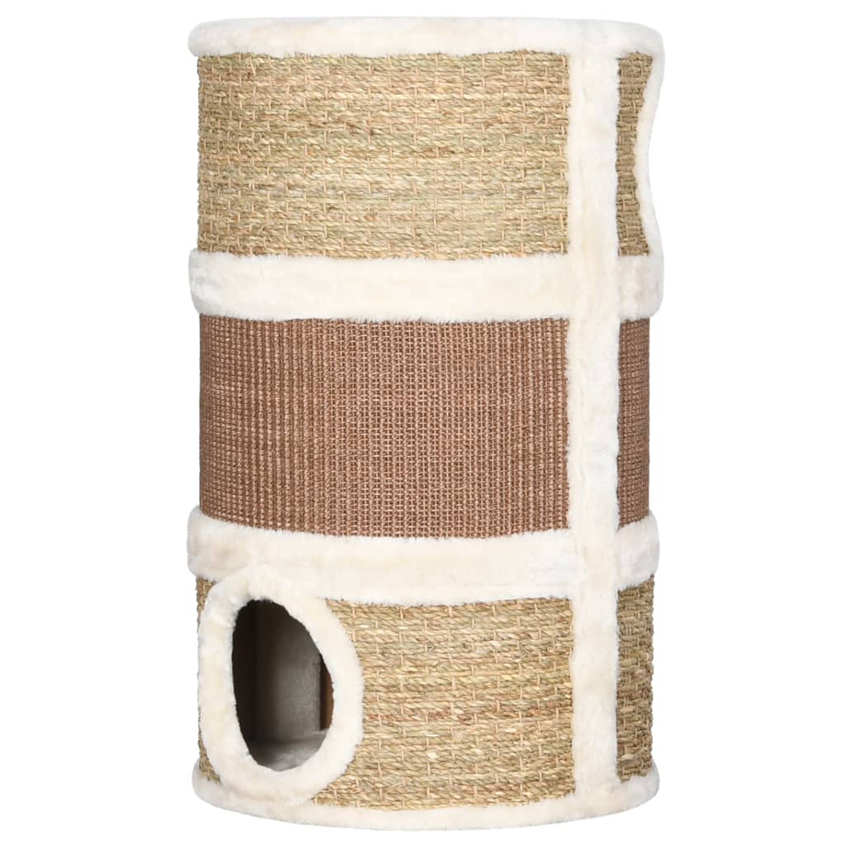 Katzenbaum mit mehreren Ebenen. Zylindrisch mit gewebten und fellartigen Materialien.