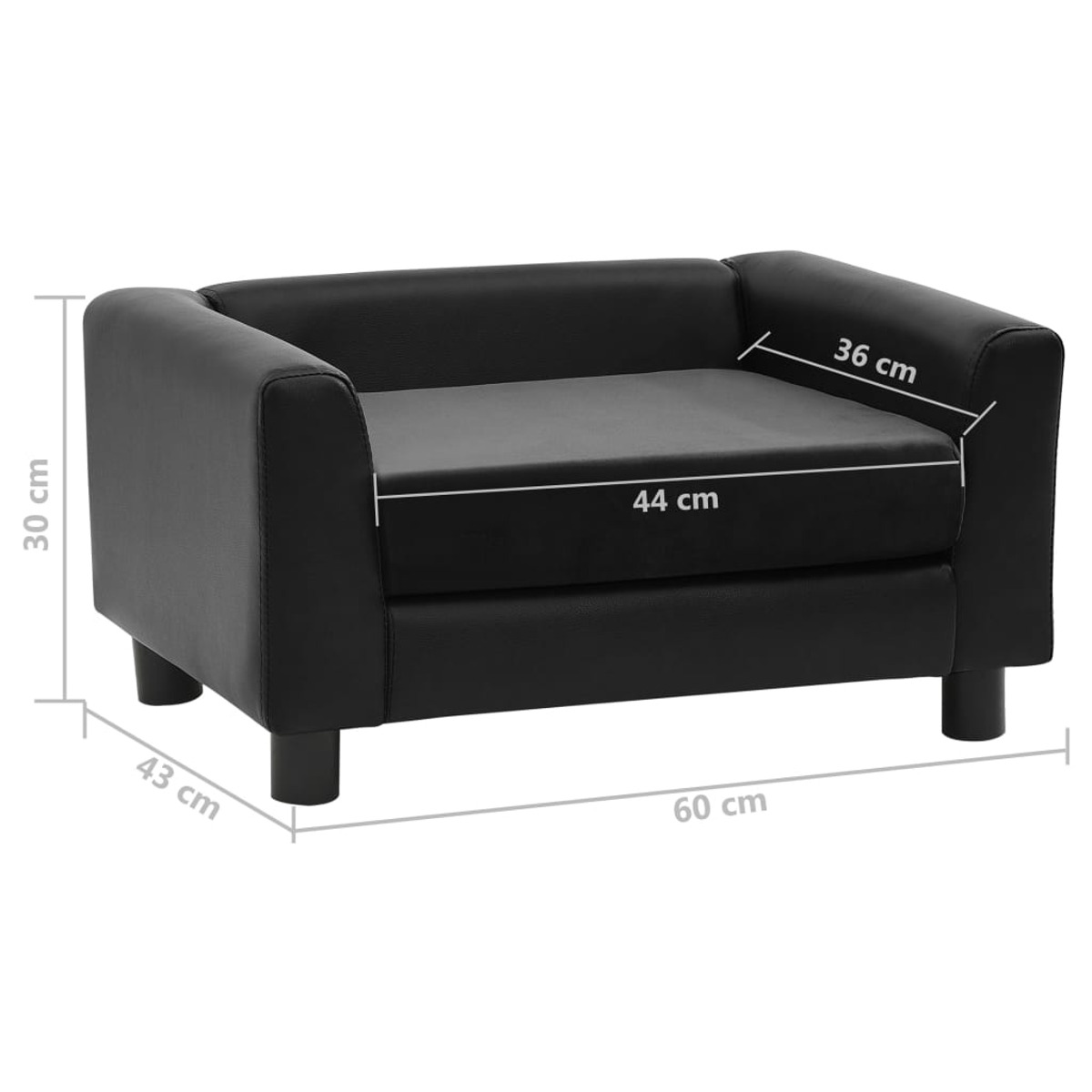 Kleines schwarzes Haustiersofa mit beschrifteten Abmessungen. Hat einen quadratischen Sitz und Armlehnen.