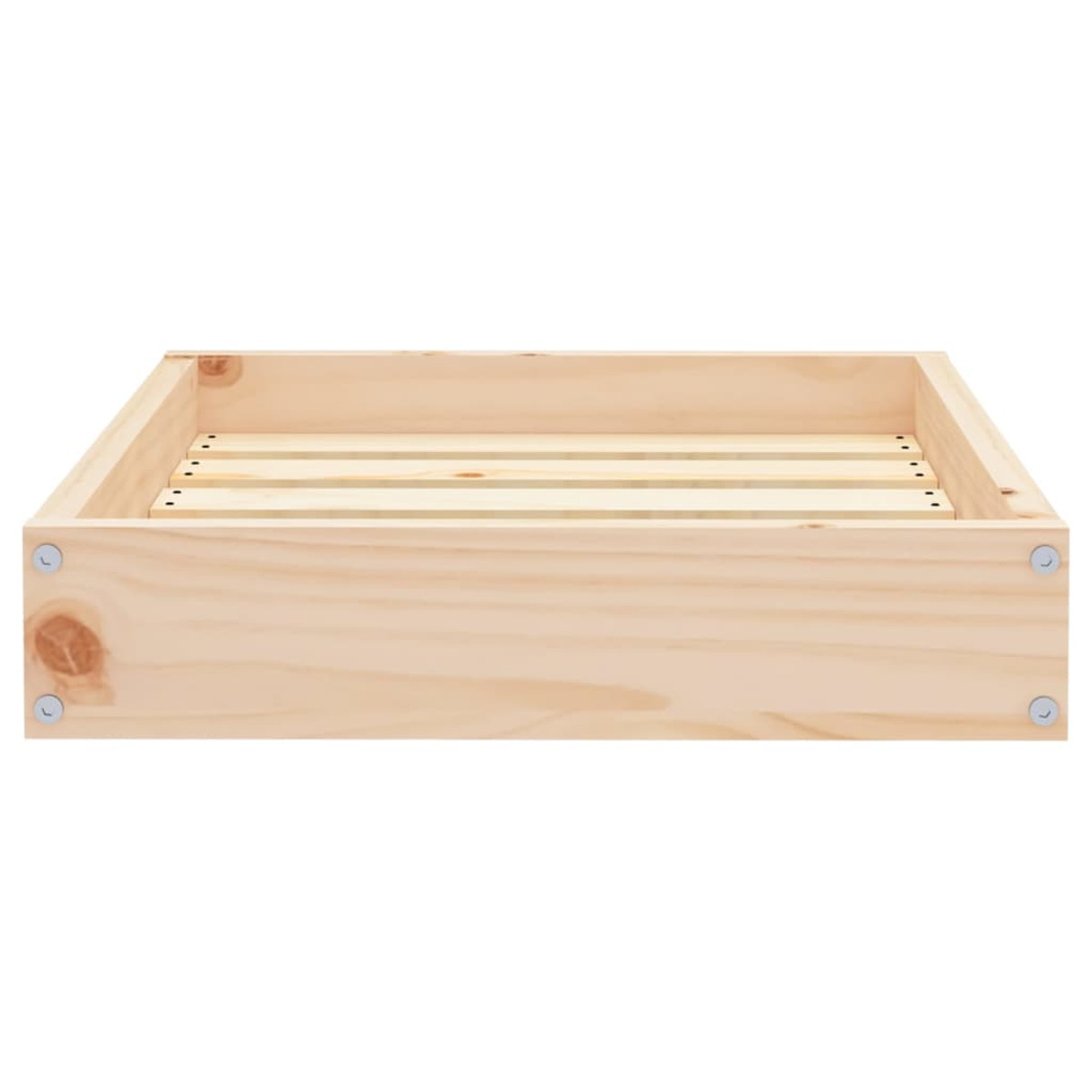 Holzbettrahmen mit Latten, hellbraune Farbe. Seitenansicht.