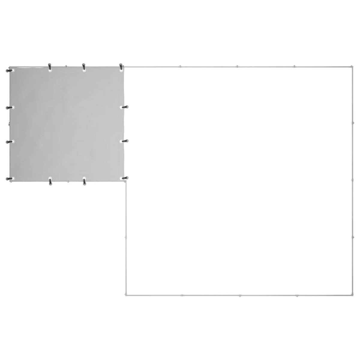 Graue Stoffleinwand mit silbernem Rahmen. Weißer Hintergrund.