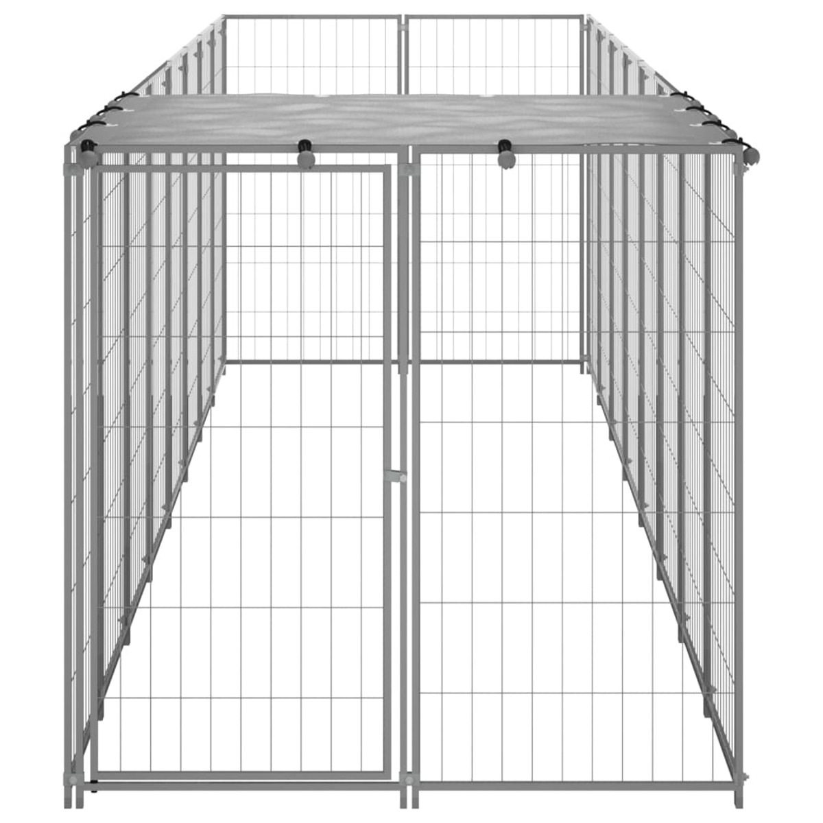 Großer Metall-Hundezwinger mit Dach und Tür.