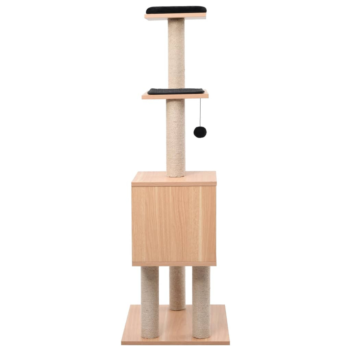 Kratzbaum mit mehreren Ebenen, Kratzpfosten, einer Box und einem hängenden Spielzeug.