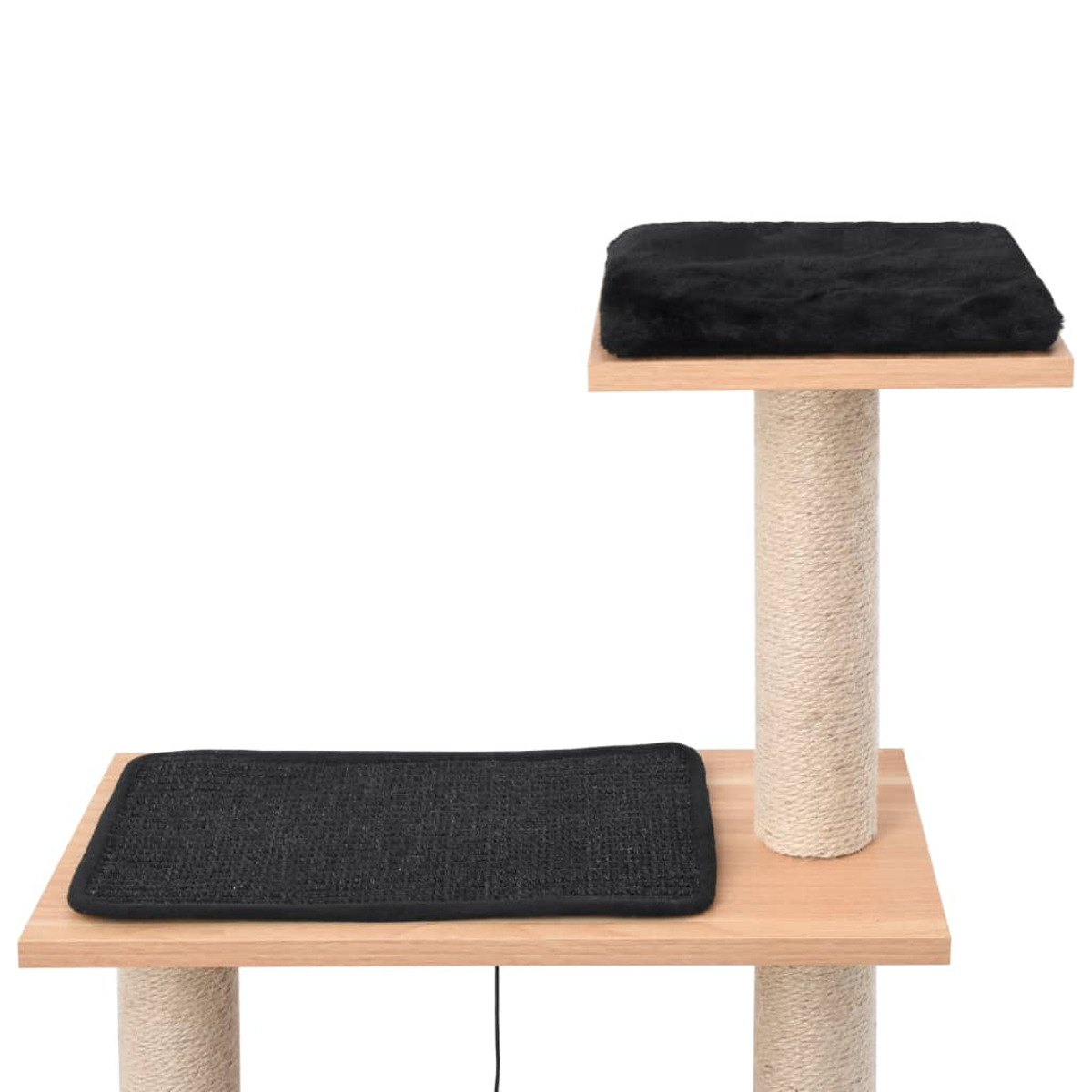 Katzenbaum mit zwei Plattformen. Oben schwarzes Fell, unten schwarze Matte, natürliche Pfosten.